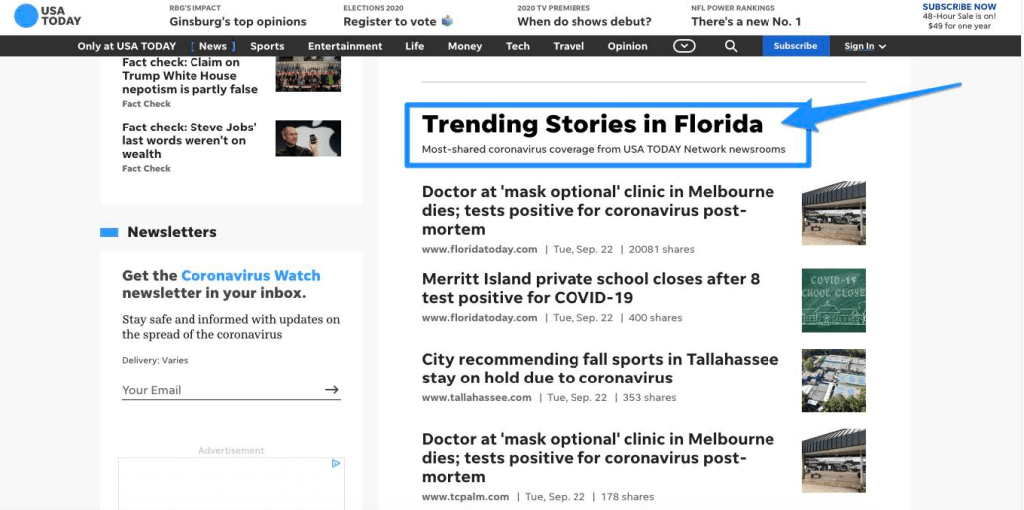 Content recommendations on the Gannett Website USA Today