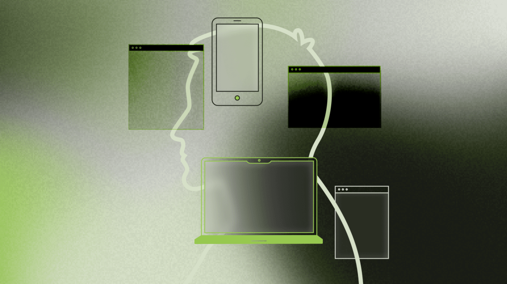 Illustration of human side profile and technology devices/screens.