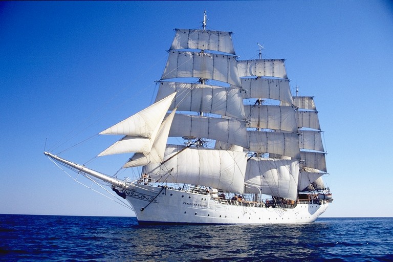 Large white ship, the Christian Radich, under sail 