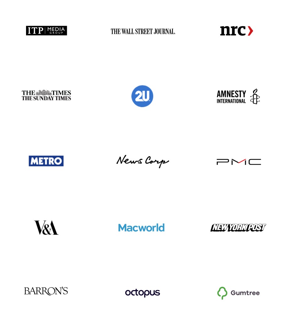 A selection of logos of Big Bite customers, including The Wall Street Journal, News Corp, PMC, and Macworld.