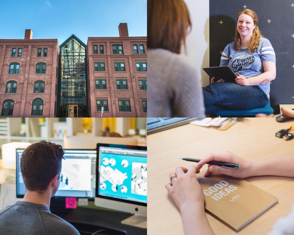 Images of a brick, glass building, two women conversing, hands holding a pen on journal, man in front of laptops