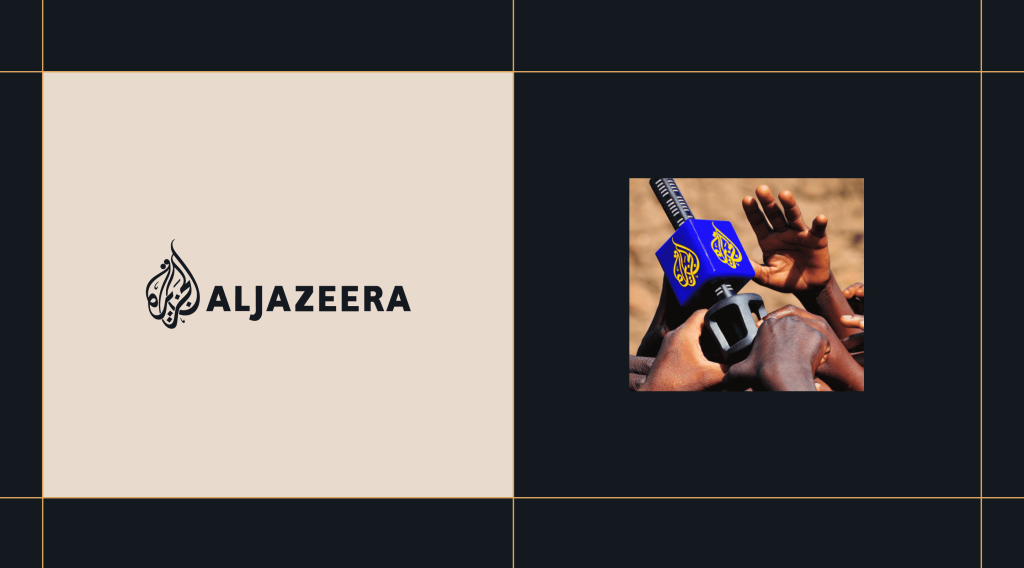 Al Jazeera logo on a beige background on the left, and on the right, a close-up of multiple hands reaching towards a microphone covered with an Al Jazeera-branded blue windscreen.