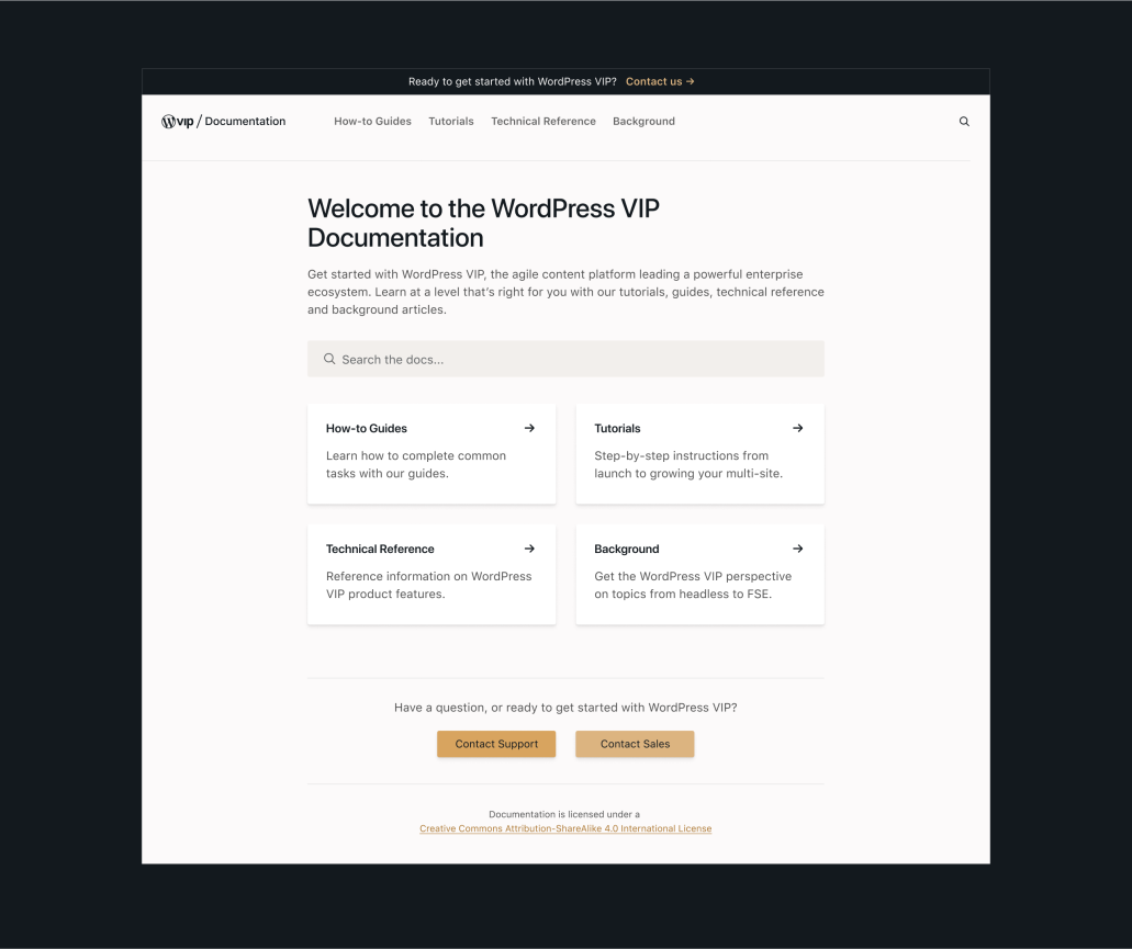 Screenshot WordPress VIP Documentation page titled "Welcome to the WordPress VIP Documentation" and menu options for help