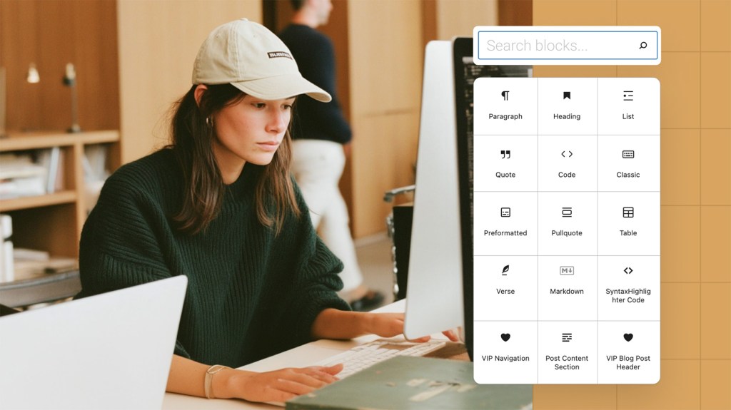 A focused woman wearing a beige cap and black sweater works on a laptop in a modern office. On the right side, a semi-transparent overlay displays a WordPress block editor menu with block options like Paragraph, Heading, List, Quote, and Code, representing a content creation interface.