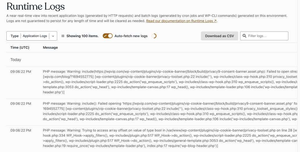 The VIP Dashboard's Runtime Logs screen.