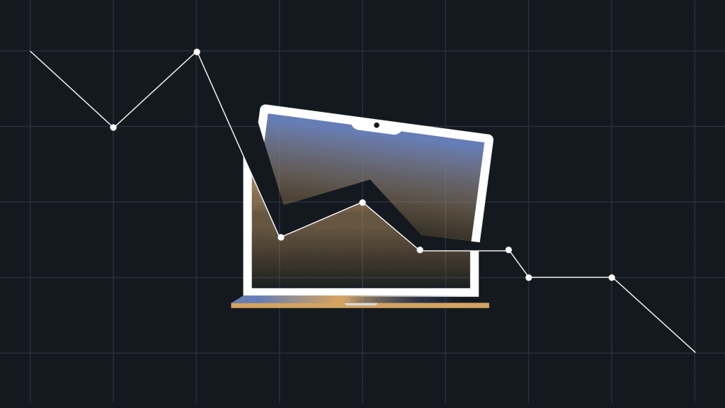 A stylized illustration of a laptop with a declining line graph overlayed on its screen. The background is a dark grid, reinforcing the concept of data or analytics. The downward trend in the graph suggests themes of decline, downtime, or financial loss.