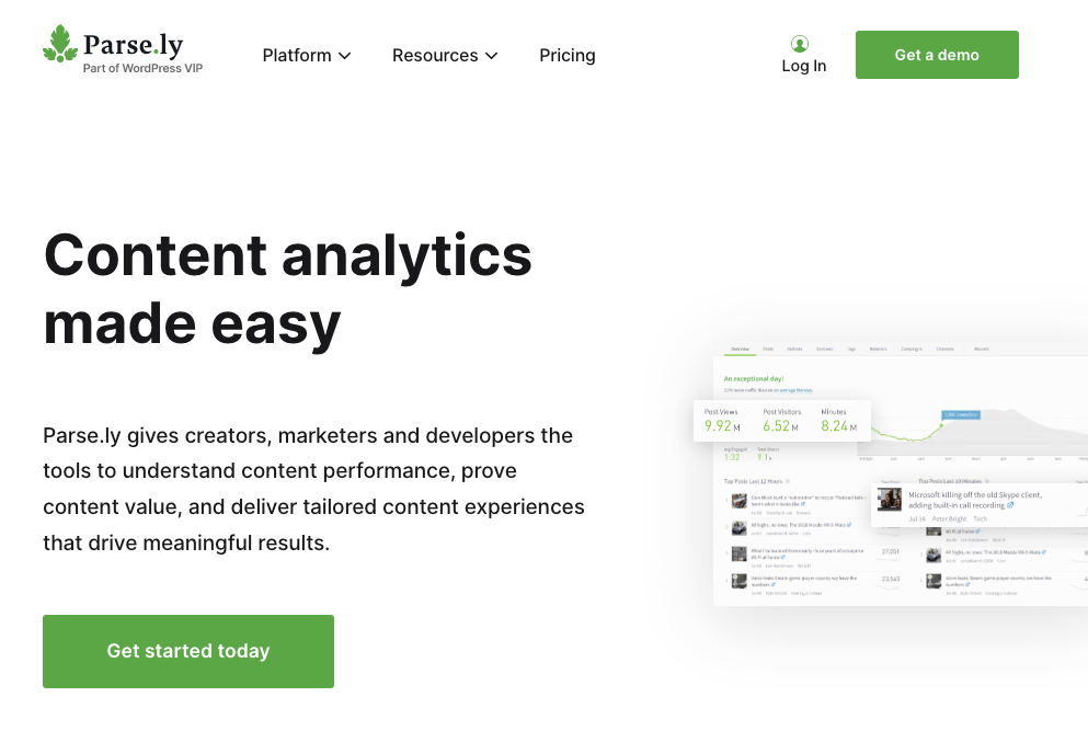 The Parse.ly home page, titled "Content analytics made easy"