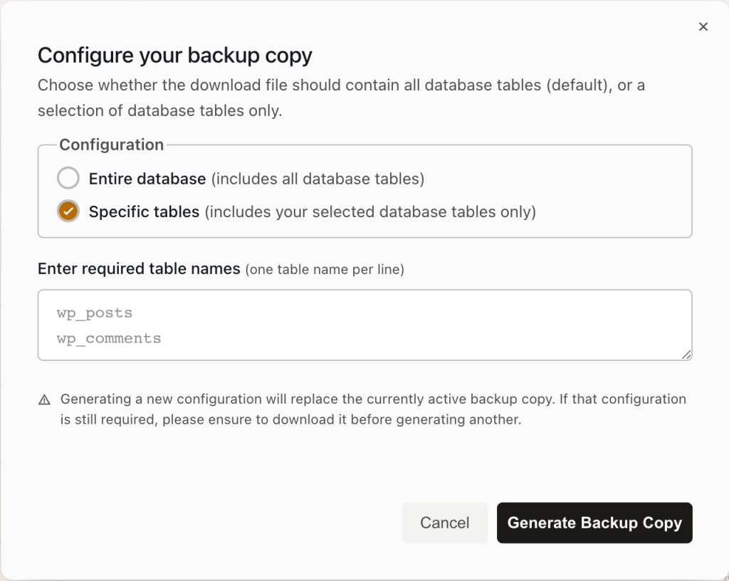 Configure your backup copy with specific tables and required table names