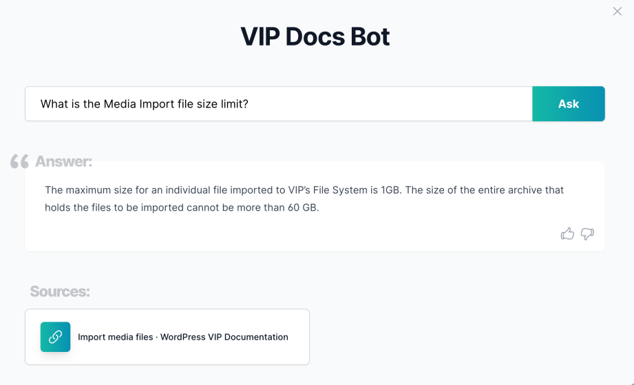 Screenshot of the WordPress VIP Docs Bot