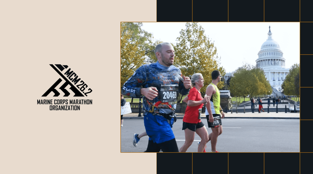 The Marine Corp Marathon logo is featured next to an image of three people running in front of the Capitol building.