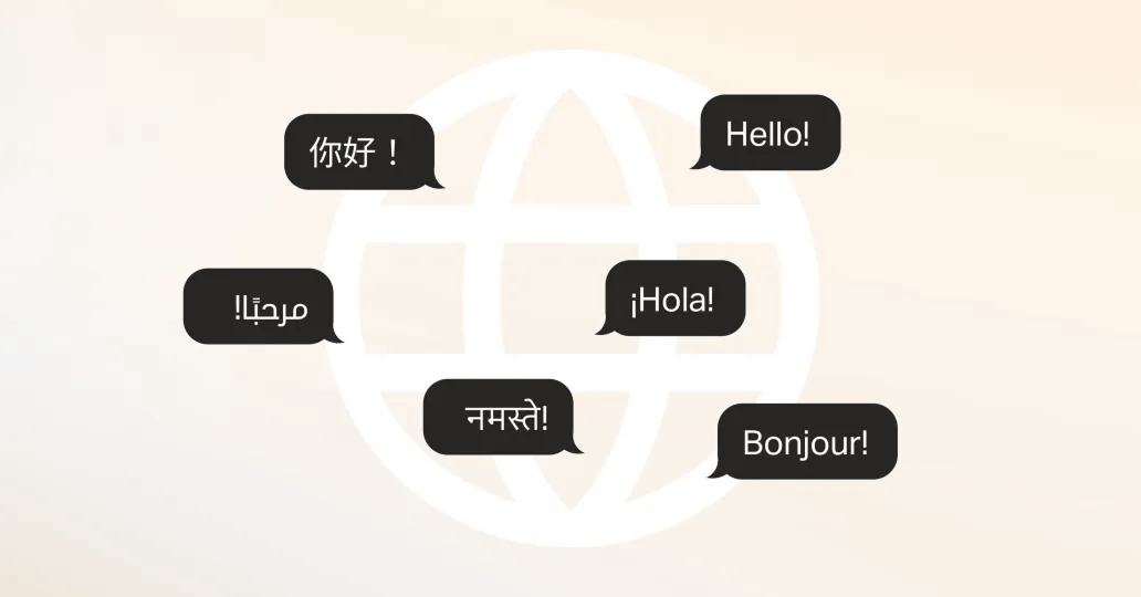 A digital illustration featuring a globe icon in the background with speech bubbles displaying greetings in multiple languages, including English, Spanish, French, Chinese, Arabic, and Hindi. The image represents global communication, localization, and multilingual accessibility.