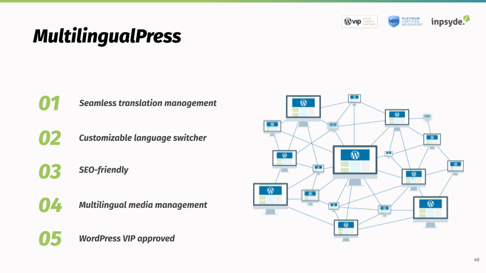 MultilingualPress's features include a translation manager, customizable language switcher, SEO, media management, and compatibility with WordPress VIP.
