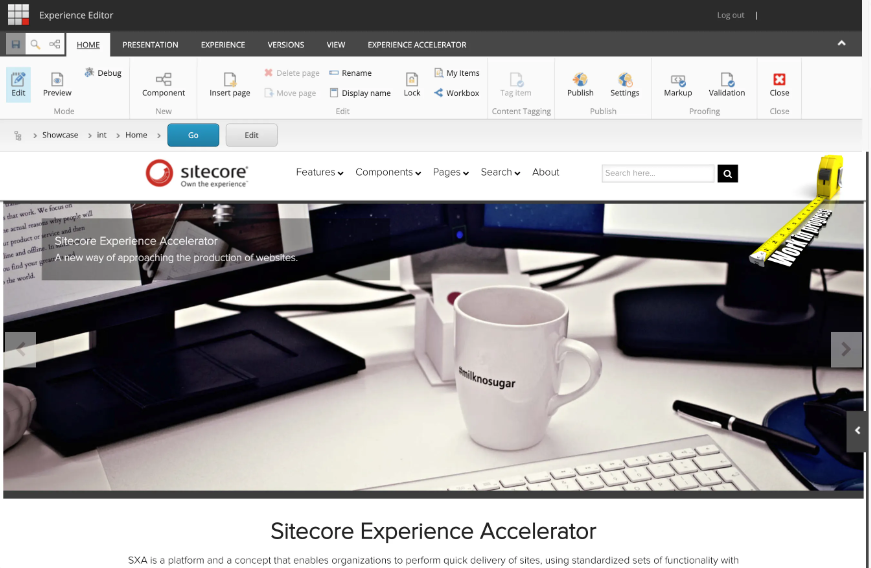 Home page of Sitecore XM Experience Editor with all the components and features needed to edit your web pages.