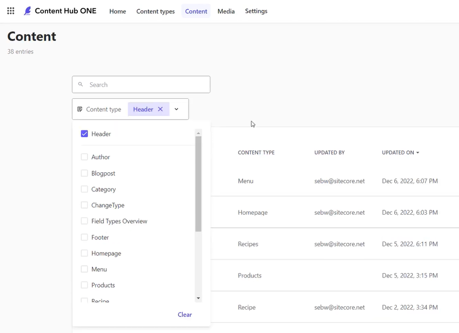 Content type area of the Content Hub ONE editor offers modular content options such as footer, category, and author.