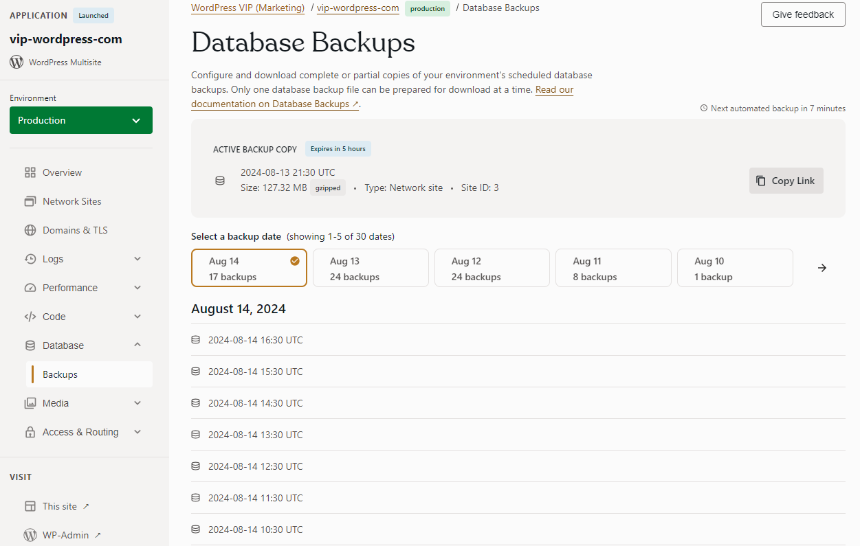 The Database Backups page within a WordPress VIP infrastructure has the option to filter backups by dates.