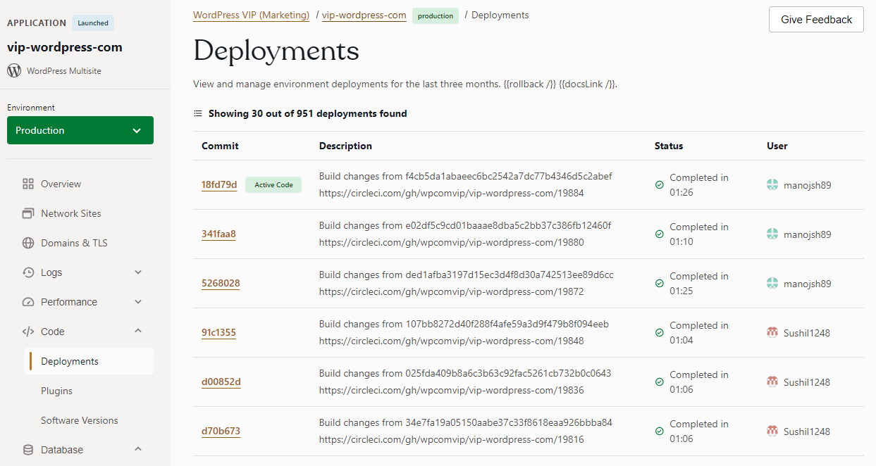 The WordPress VIP’s Deployments panel provides a list of deployments managed within the last three months, filtered by status, user, and more.