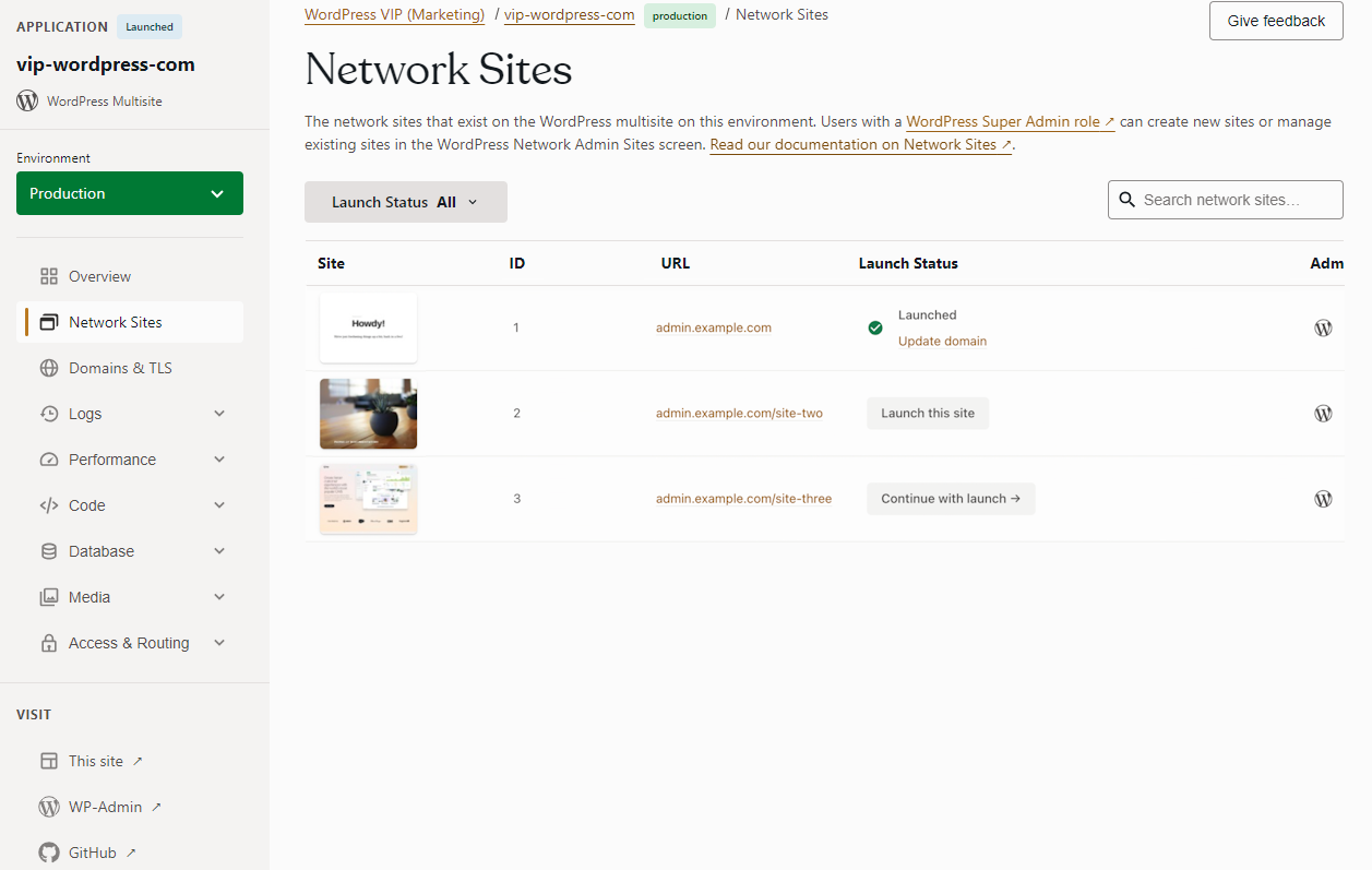 WordPress VIP’s Network Sites page shows the site, ID, URL, and launch status of all the sites you’re managing.