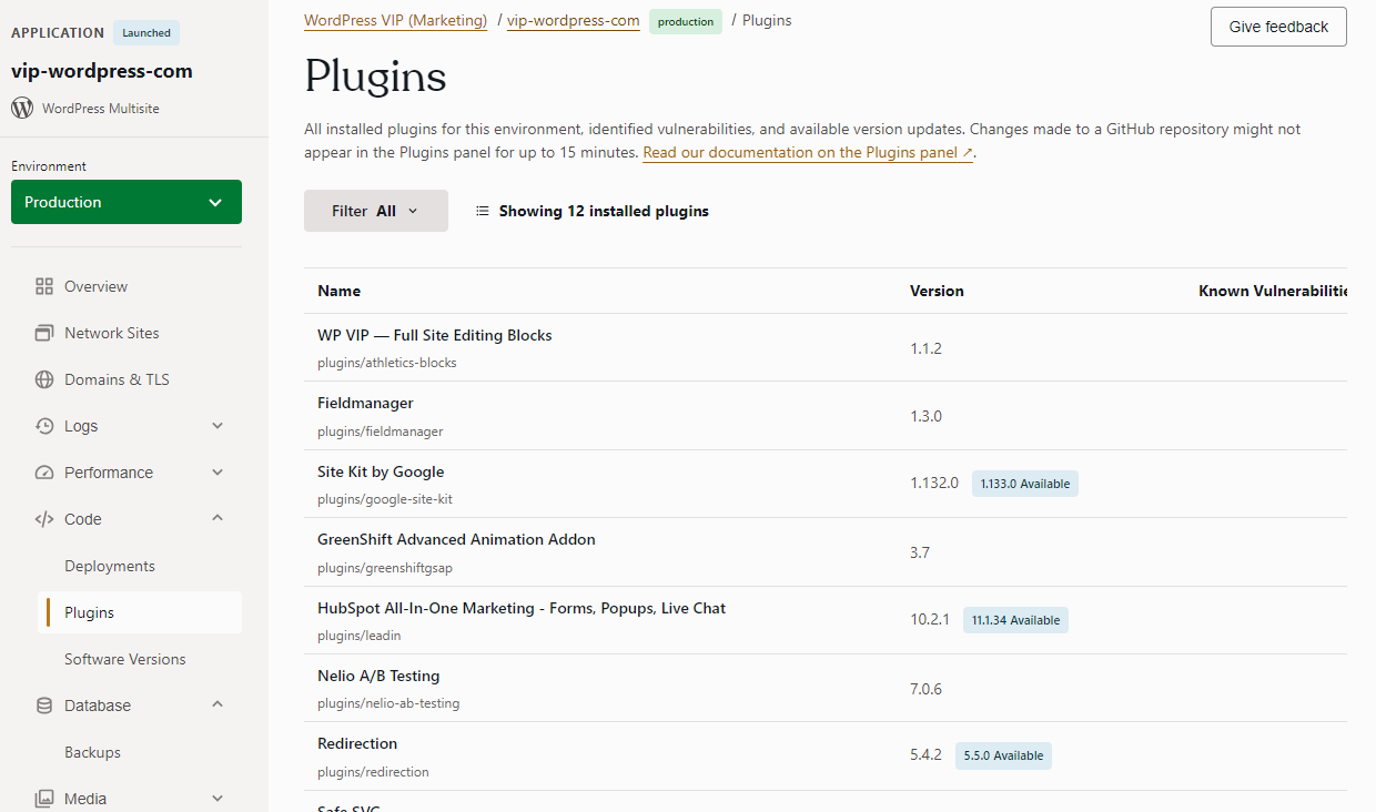 WordPress VIP’s Plugins panel provides a list of installed plugins, version updates, and known vulnerabilities.”