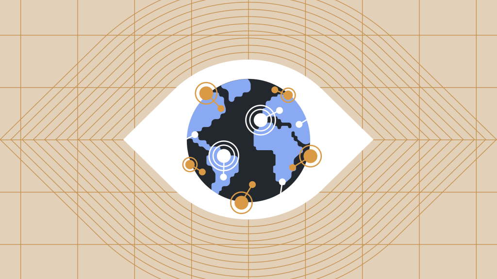 Illustration of a digital globe with interconnected nodes, symbolizing global connectivity, data exchange, and a worldwide network, framed within an abstract eye shape.