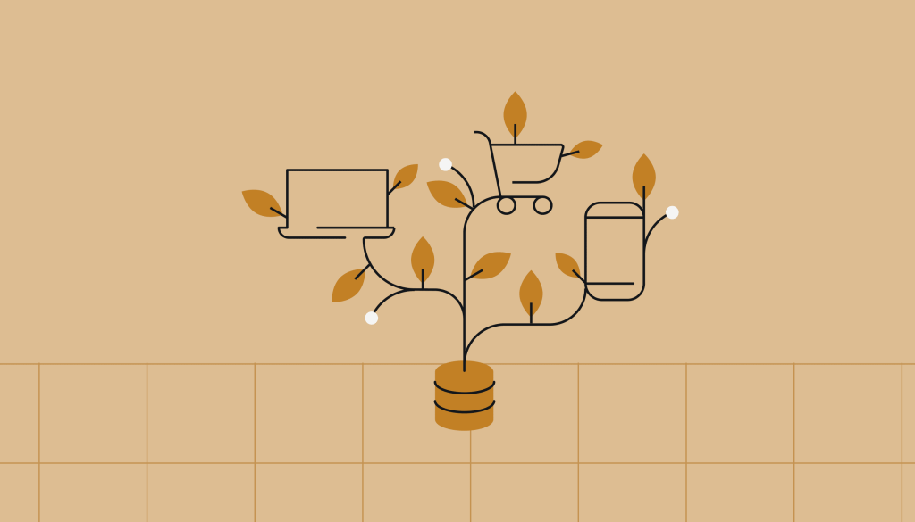 A stylized illustration of a plant growing from a cylindrical data source, symbolizing digital commerce and technology growth. The plant’s branches feature icons of a laptop, a shopping cart, and a smartphone, representing multi-channel digital experiences.