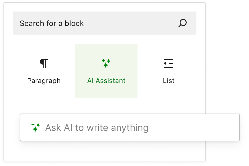 The WordPress block chooser showing the AI Assistant block.