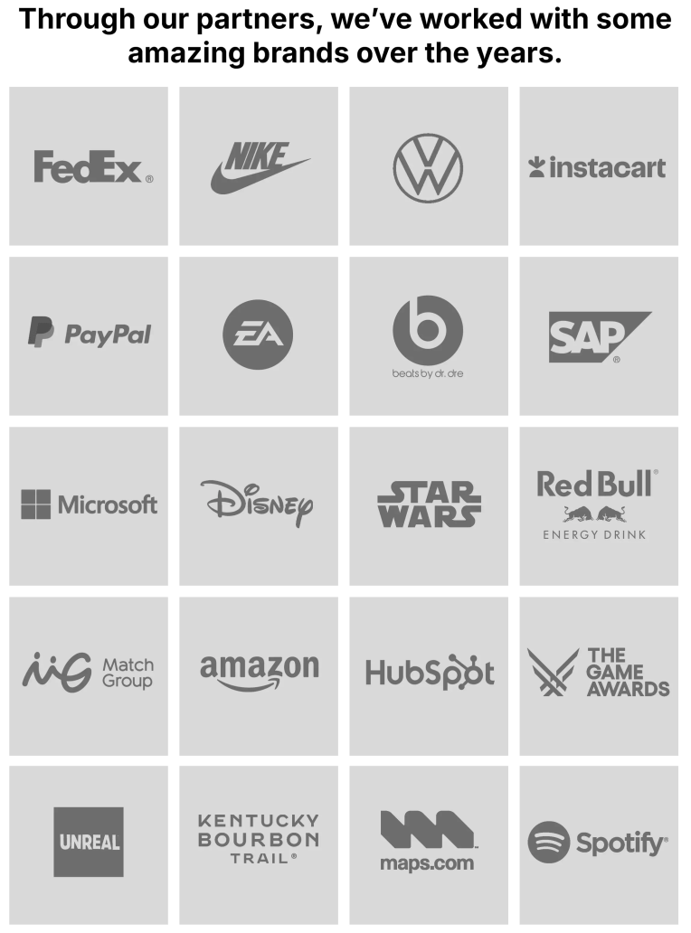 A grid of logos of White Rabbit Group's customers, with the text: "Through our partners, we've worked with some amazing brands over the years."