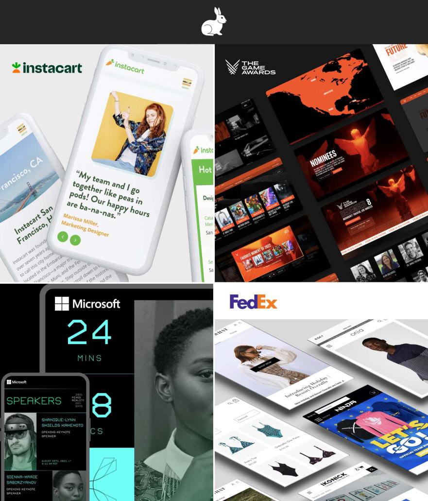 Composite image showing White Rabbit Group projects for clients, including Instacart, The Game Awards, Microsoft and FedEx.