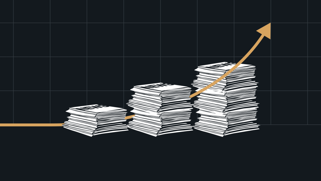 A bar graph made of stacked newspapers increasing in height from left to right, with an upward-trending golden arrow symbolizing newsroom growth and improved performance. The dark background emphasizes the contrast between the news stacks and the data visualization.