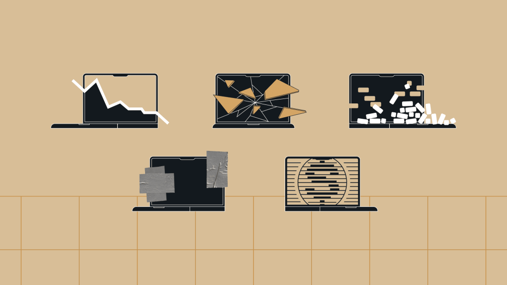 Five laptops with abstract graphics: declining graph on the screen, broken screen, bricks falling from the screen, tape fixing the screen, and dollar sign on the screen, against a beige background.