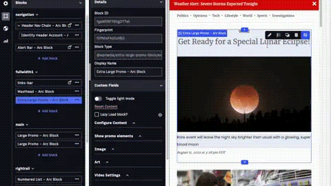 Arc XP’s contextual editing page showing how website editors can make  changes to story headlines and titles directly in the page editing interface.