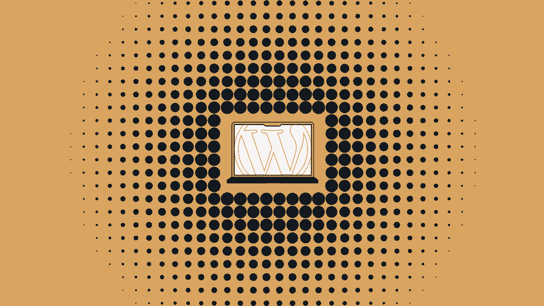 Abstract halftone-style illustration featuring a laptop screen displaying the WordPress logo. The design radiates outward with a pattern of black dots on a warm beige background, symbolizing digital connectivity and content expansion.
