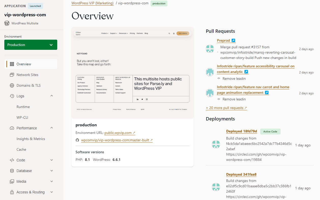 WordPress VIP Dashboard showing in-built development tools like deployment panel and VIP CLI accessible through the Dashboard.