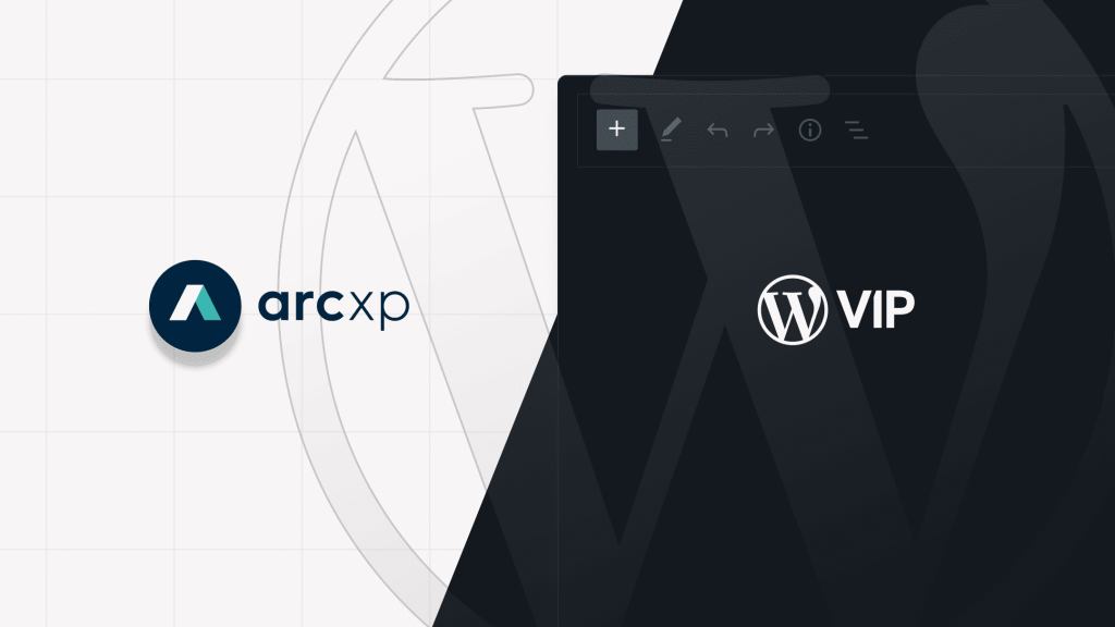 Comparison of Arc XP and WordPress VIP, featuring their logos on a split black-and-white background with a subtle WordPress interface overlay.