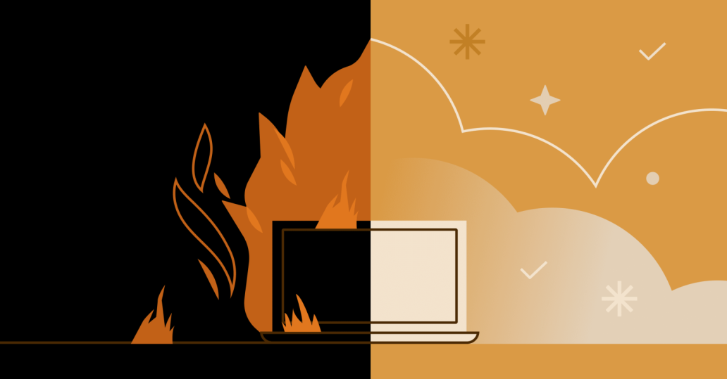 Illustration showing a laptop. On one side is a fire, on the other is nice weather.