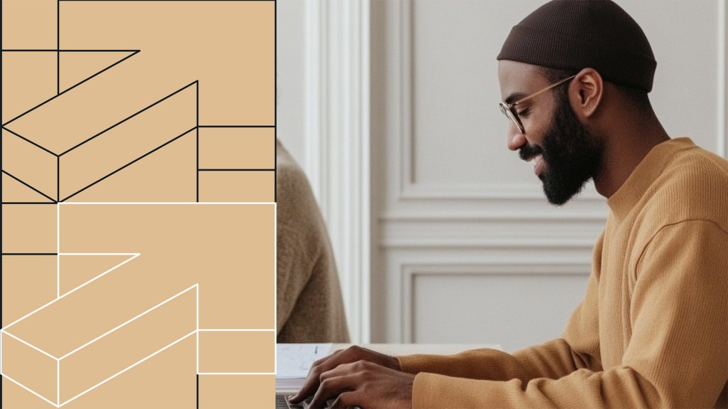 Smiling man wearing glasses and a beanie working on a laptop, paired with a graphic pattern of interlocking gold and black outlined blocks on the left side.